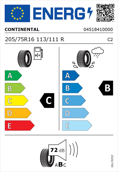 Tyre Label for Continental ContiVanContact 100 205/75R16 113/111R